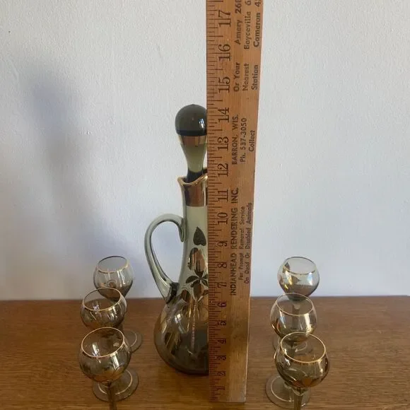 Vintage Made In Hungary ART Glass Decanter Glasses Set Hand Painted Gold Trim